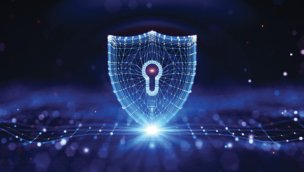 Glowing digital grid lock over circuit board