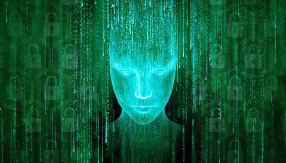 Digital face made of streaming ones and zeros superimposed over a green honeycomb digital field of padlocks, representing AI in cybersecurity