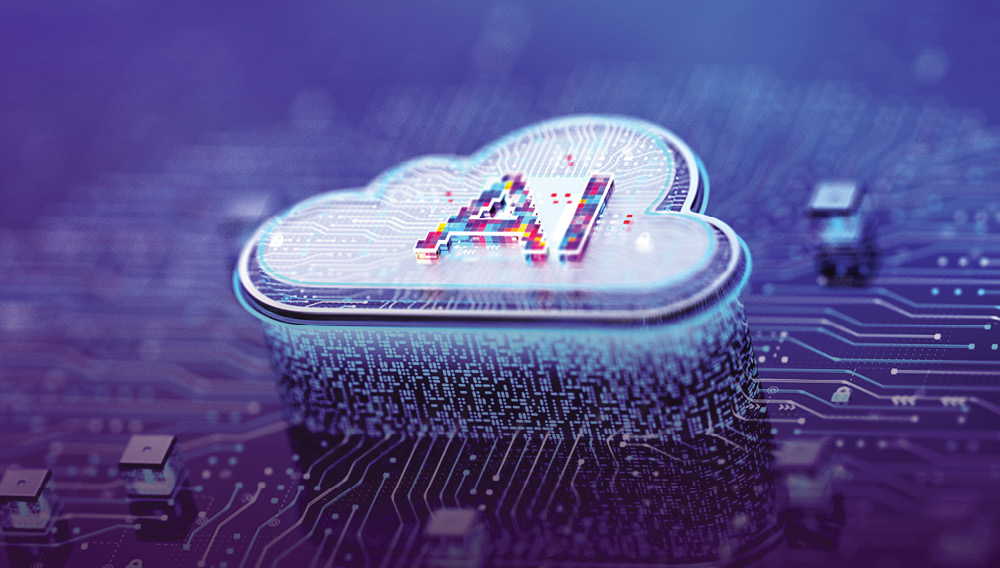 A computer chip shaped like a cloud with “AI” on it integrates into a circuit board.