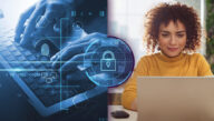 Split screen image with one side picturing a woman working on a laptop and the other side showing a stylized close-up of her hands on the keyboard with a graphic overlay of cybersecurity symbols.