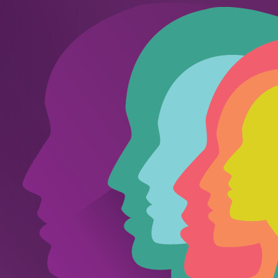 Silhouettes of people in multiple colors over a purple background