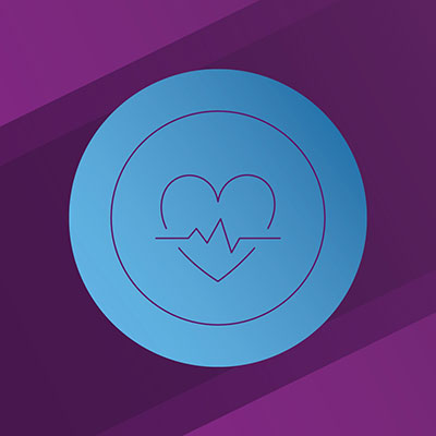A blue heartbeat logo over a purple background