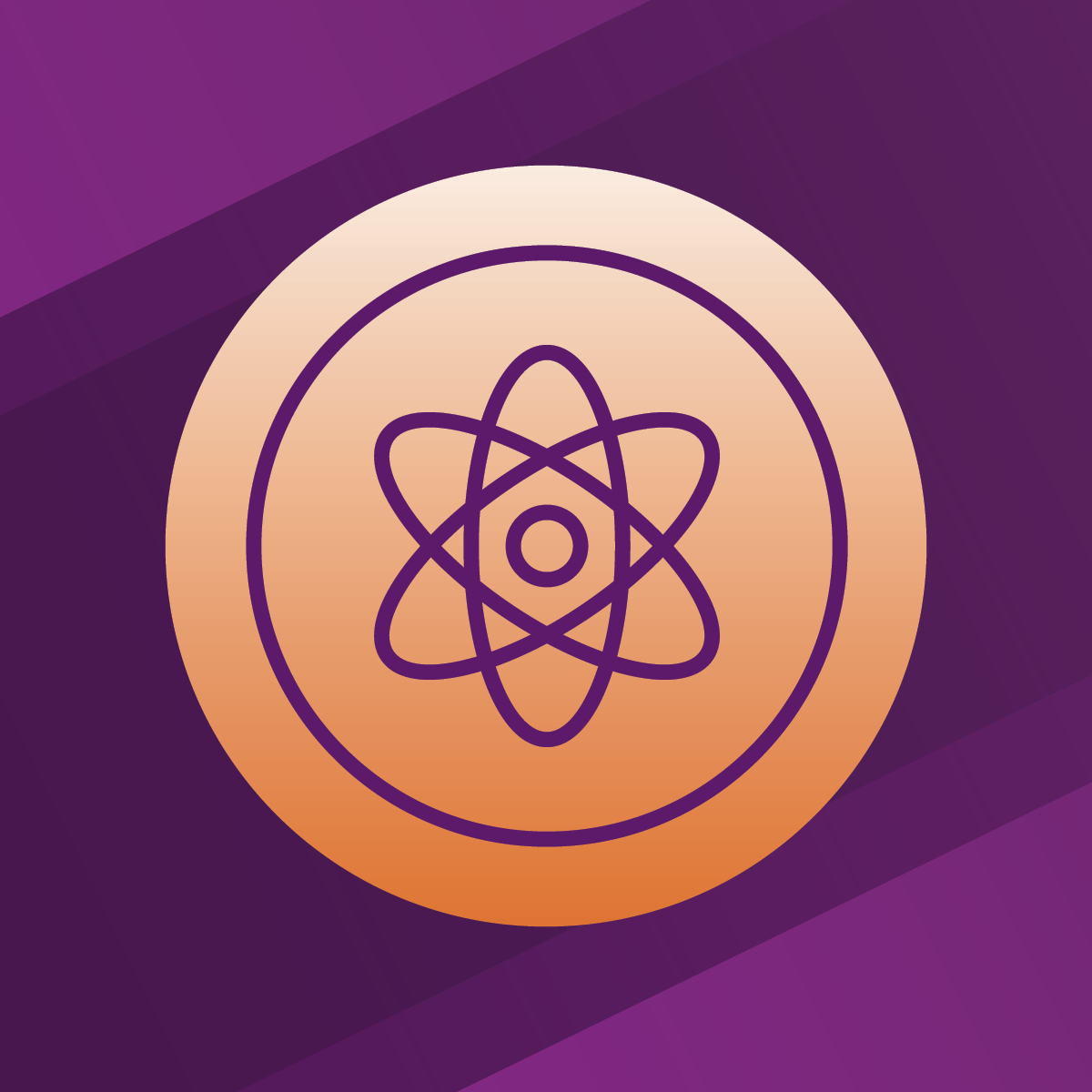An orange logo of an atom over a purple background