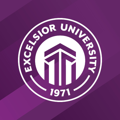 Excelsior's white logo with a purple background with "Excelsior University 1971" spelled out around it