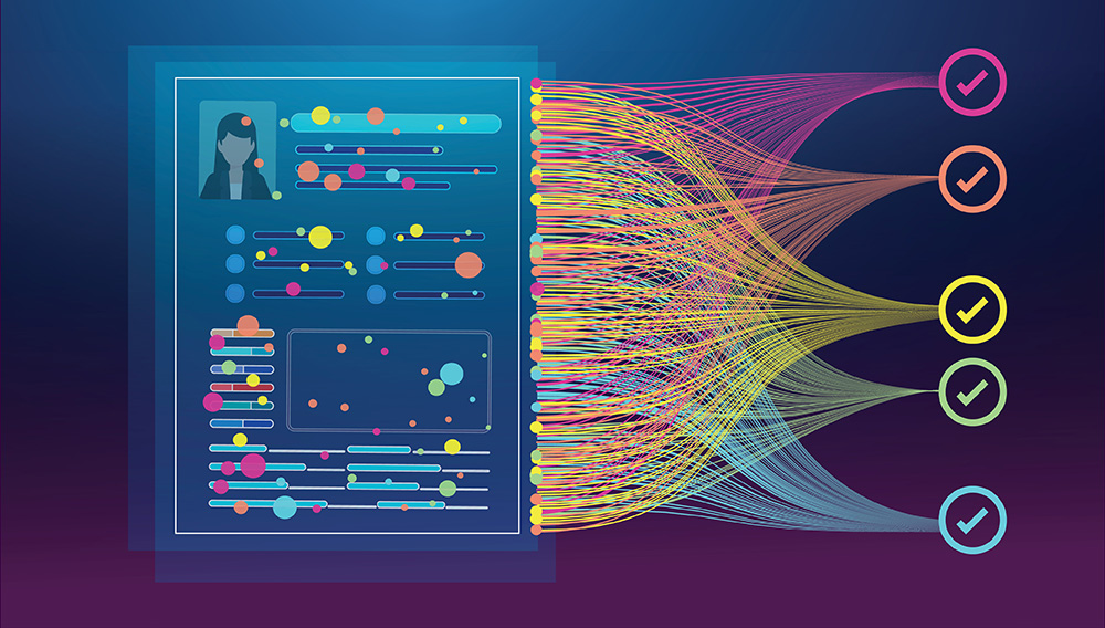 Graphic illustration of an ATS pulling colorful “streams” of data from colored dots marking relevant information on a job applicant’s resume.