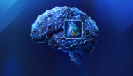 Blue image of a brain with an image of a nuclear plant over it