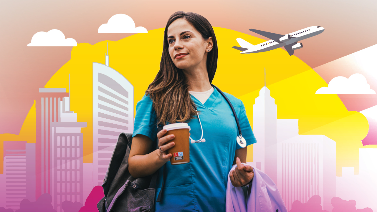 Travel nurse carrying a satchel and holding a to-go cup of coffee in front of a city skyline with an airplane taking off in the background